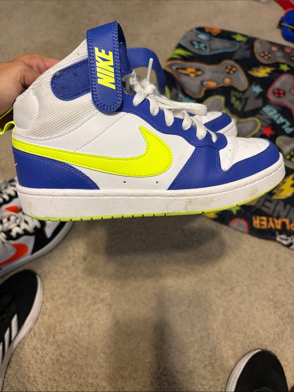 Nike Kids High-Top Sneakers - White, Blue, Neon Yellow